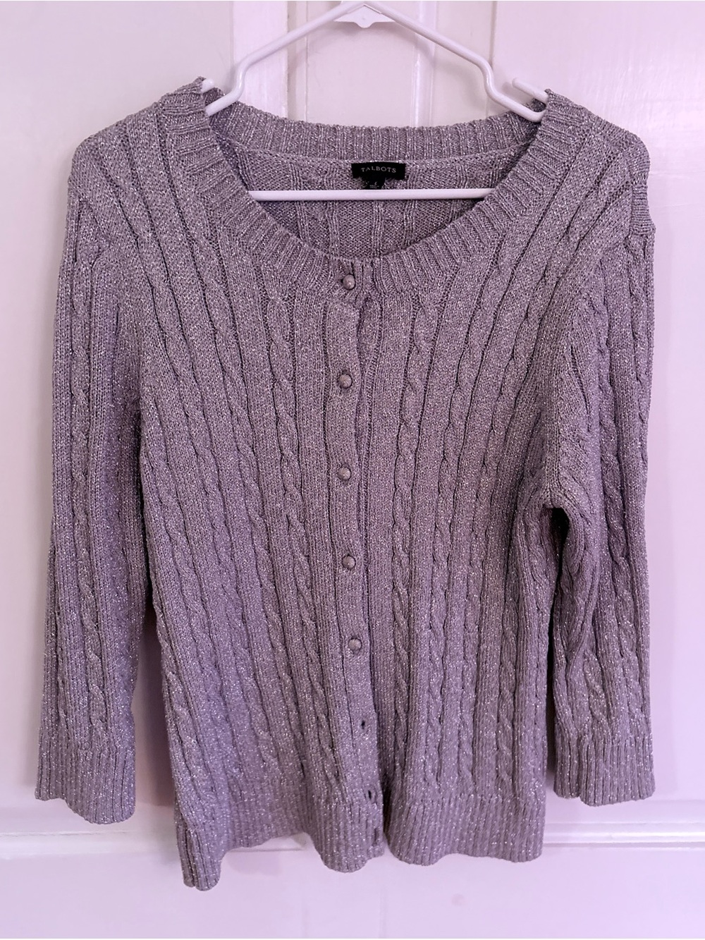 Talbots Shimmer Cardigan Sweater Grey Metallic Cable Knit Holiday Women’s L